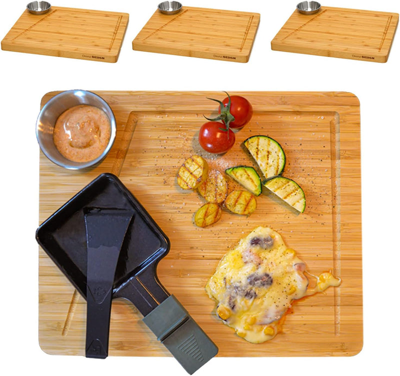 DuneDesign 4 Personen Raclette Teller Set - 30x25 Raclette Brettchen Holz mit Dipschale - Raclette P