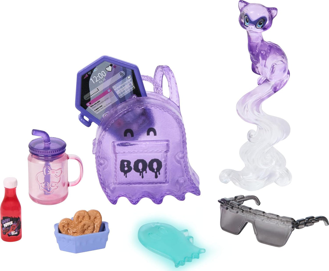 Monster High Spectra Vondergeist Puppe mit Frettchen Rhuen und Zubehörteilen wie Rucksack, Tablet, S