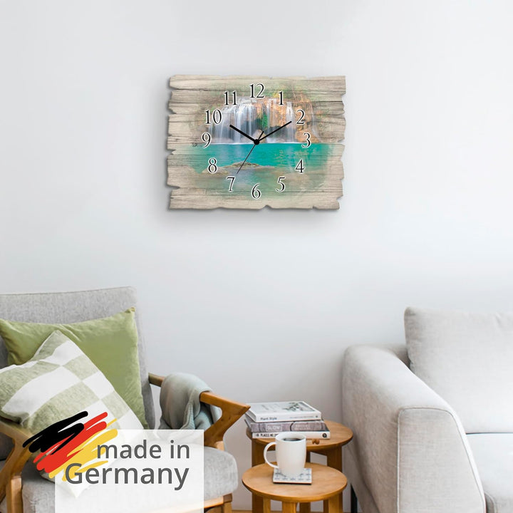 ARTLAND Wanduhr ohne Tickgeräusche aus Holz Quarzuhr 40x30 cm Rechteckig Lautlos Wasserfall Landscha
