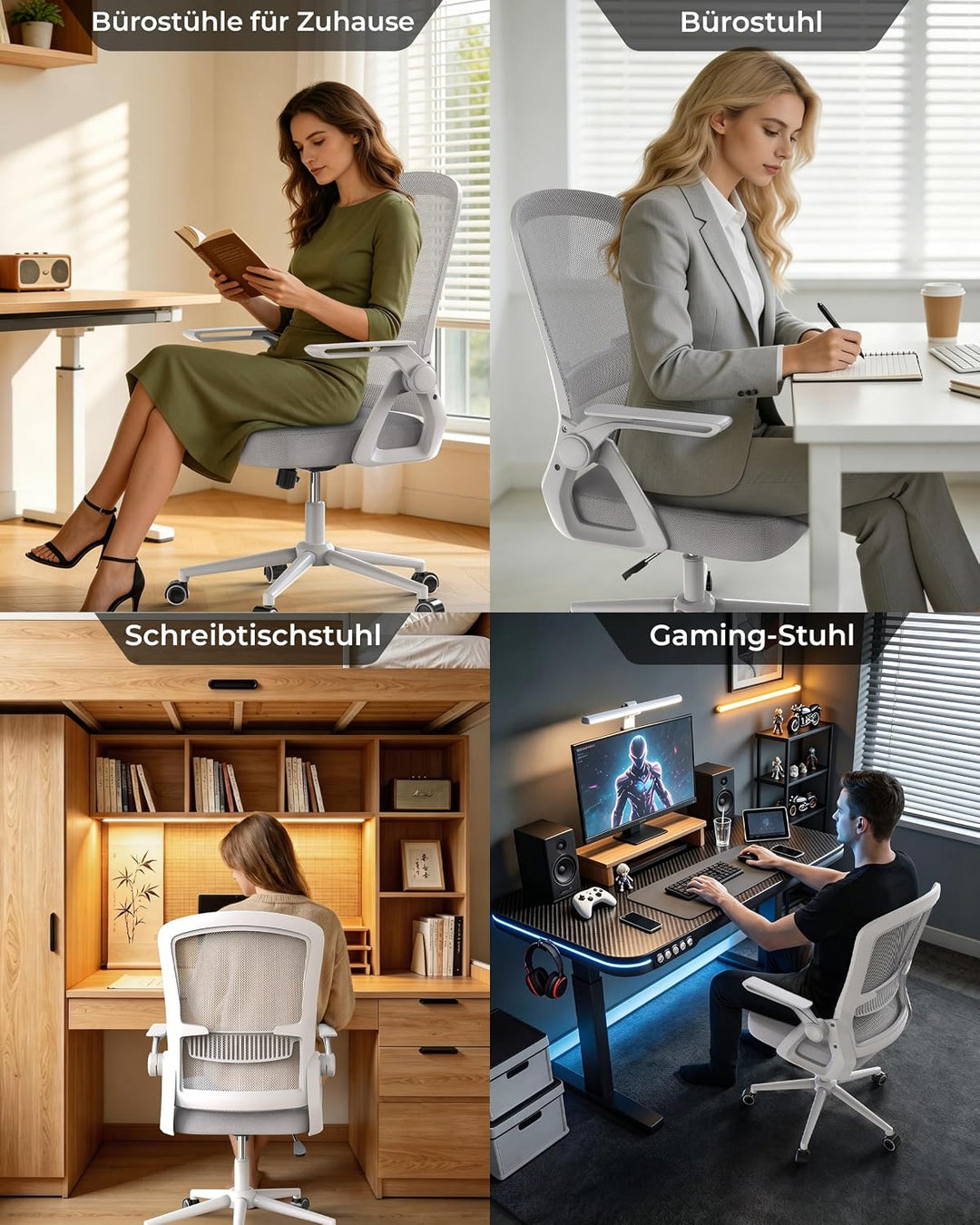 rattantree Schreibtischstuhl Ergonomischer Grau für Zuhause Büro | Bürostuhl mit Verstellbaren Armle