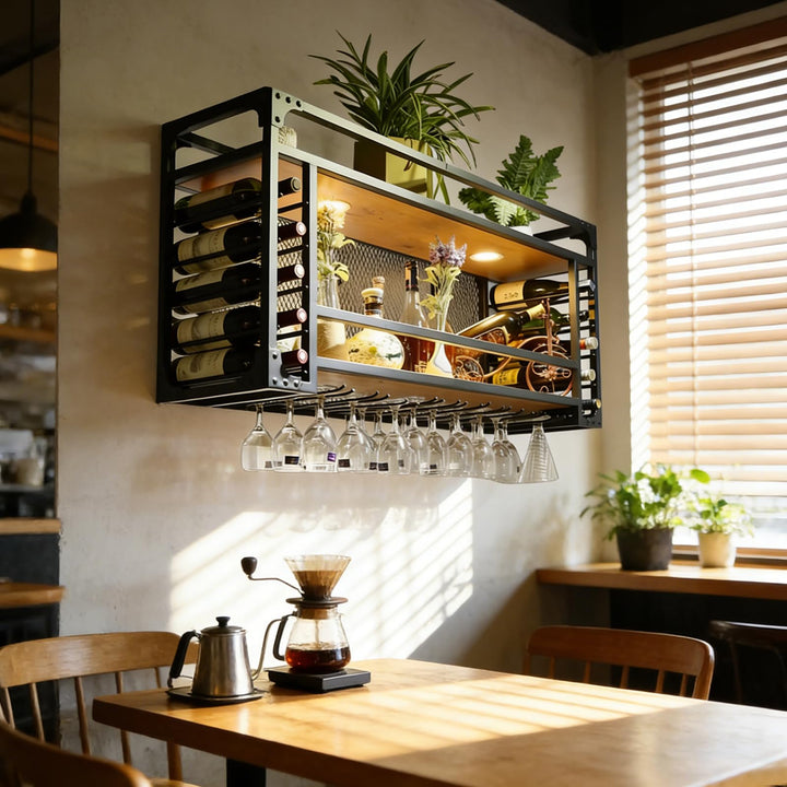 Weinregal zur Wandmontage, 2 Lagig Hängend Deckenregal Weinregal mit Glashalter, Industrielles Metal