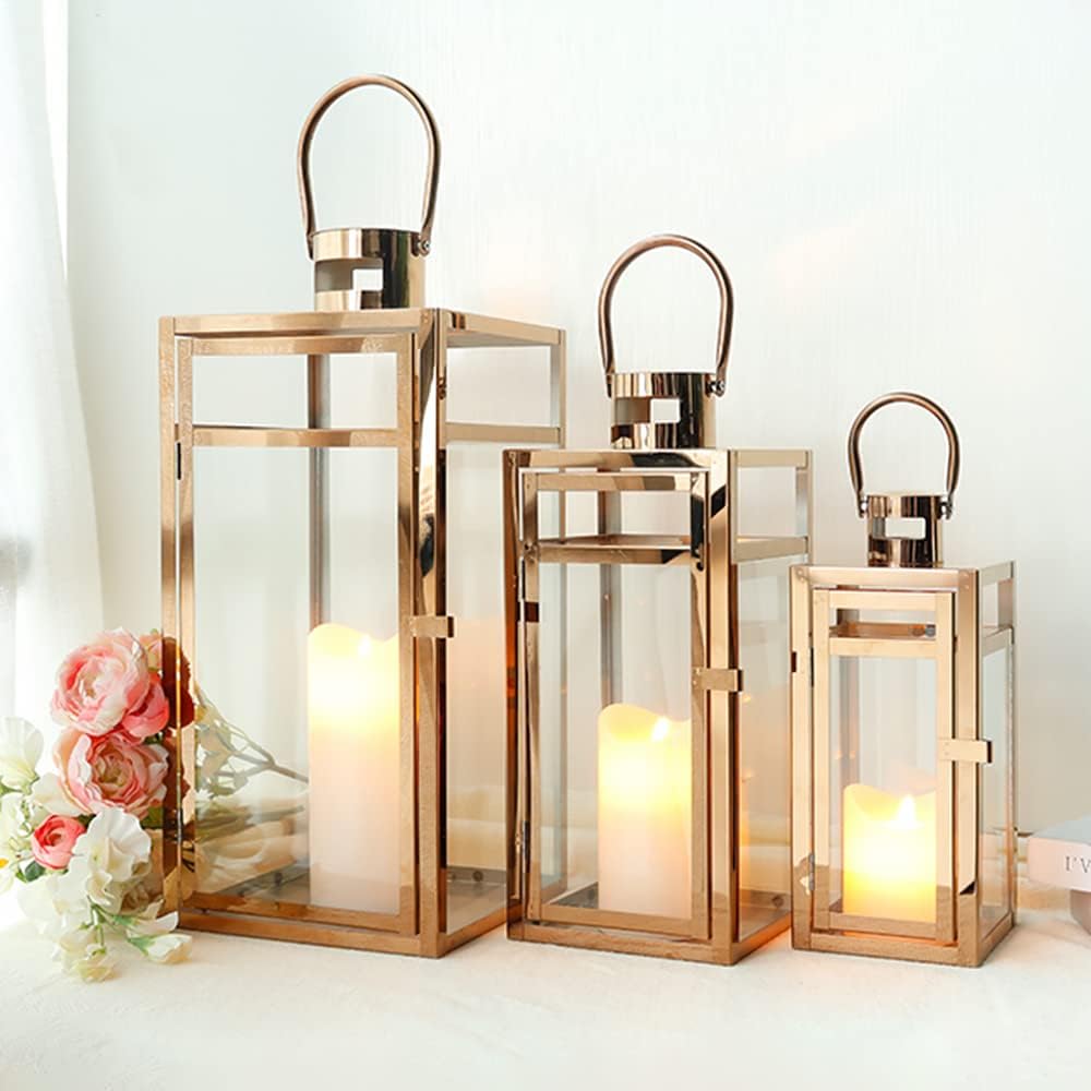 TRIROCKS 3er-Set Kerzenlaterne aus Edelstahl 48 cm & 38 cm & 30 cm hoch Kerzenhalter aus Metall mit