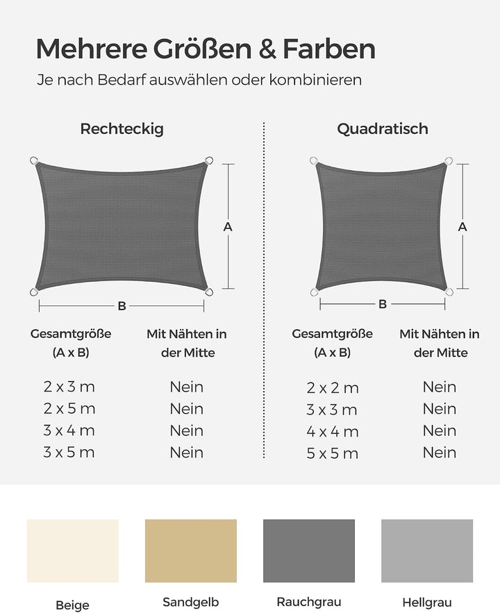 SONGMICS Sonnensegel 4 x 4 m, Sonnenschutz aus HDPE-Gewebe, luftdurchlässig, wasserdurchlässig, für
