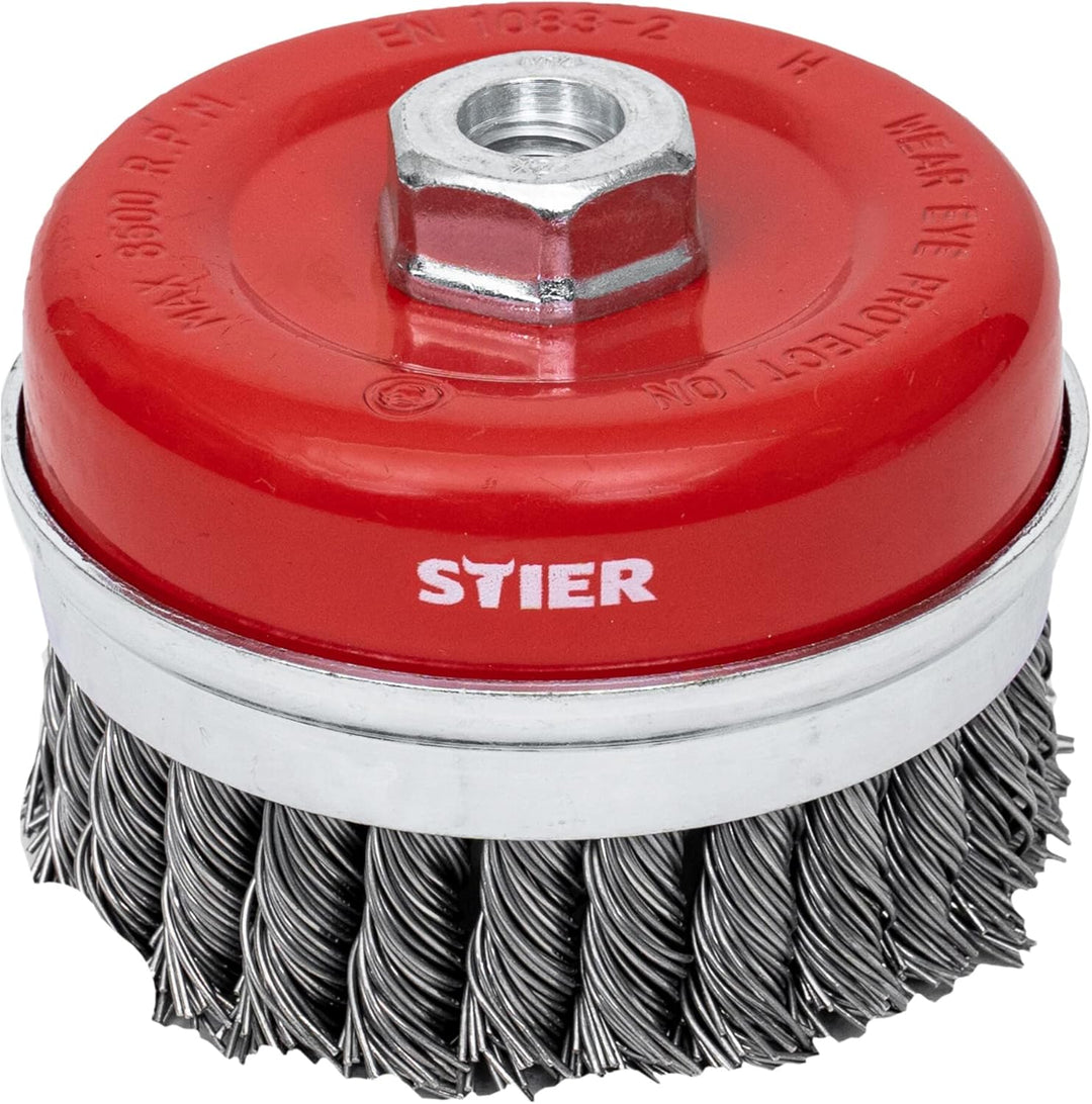 STIER Topfbürste Stahl, gezopfter Draht, für Winkelschleifer, Ø 100 mm, M14, Drahtstärke 0,8 mm, Dra