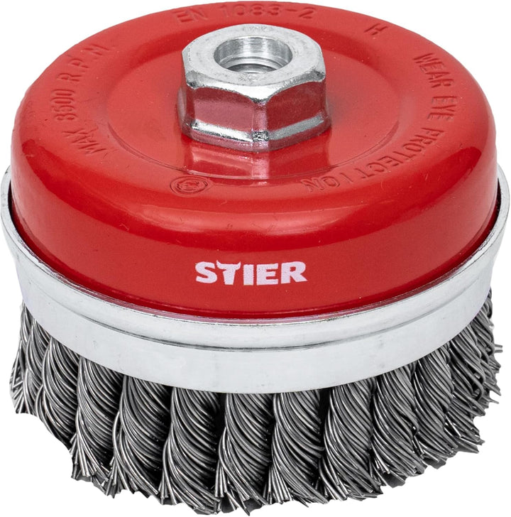 STIER Topfbürste Stahl, gezopfter Draht, für Winkelschleifer, Ø 100 mm, M14, Drahtstärke 0,8 mm, Dra