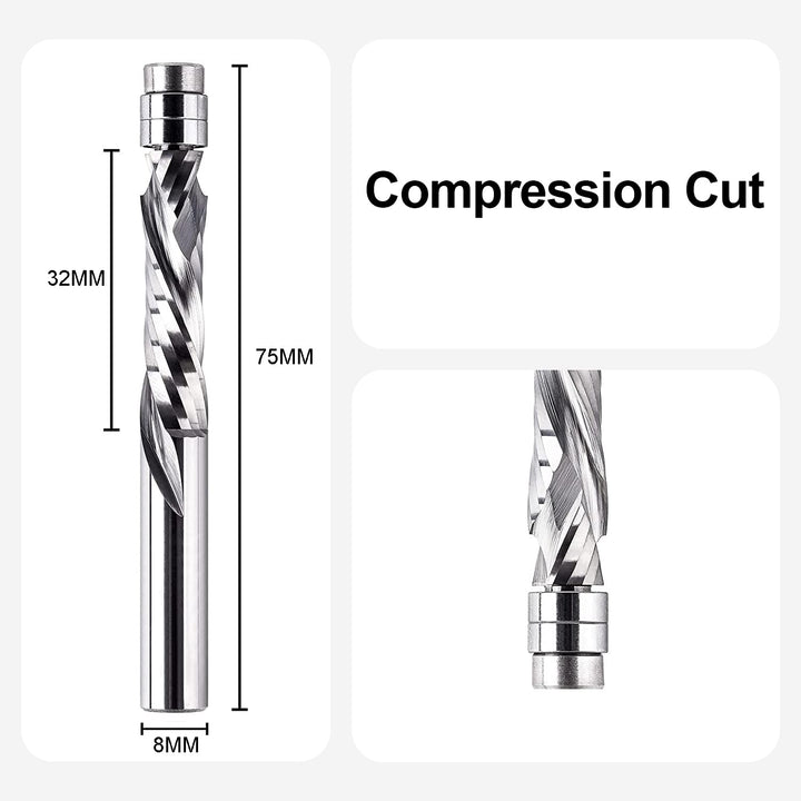 SpeTool Bündigfräser 8mm Schaft Up&Down Kopierfräser für Oberfräse Kompressions 32mm Schnittlänge Ex