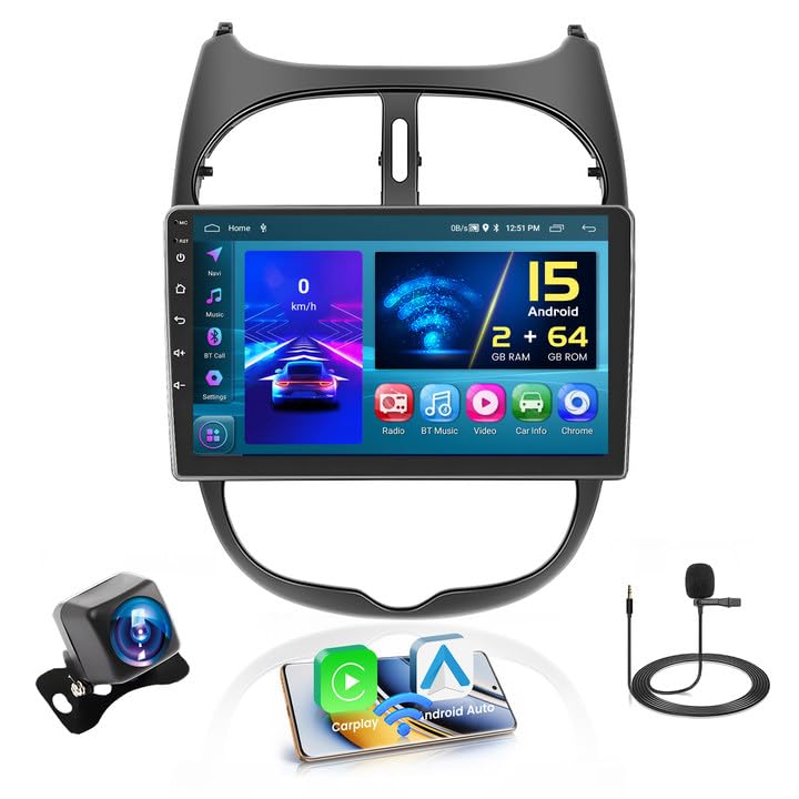 Hikity 2GB+64GB Android 15 Autoradio für Peugeot 206/206CC 2001-2016 Cirteon C2 Radio Wireless CarPl
