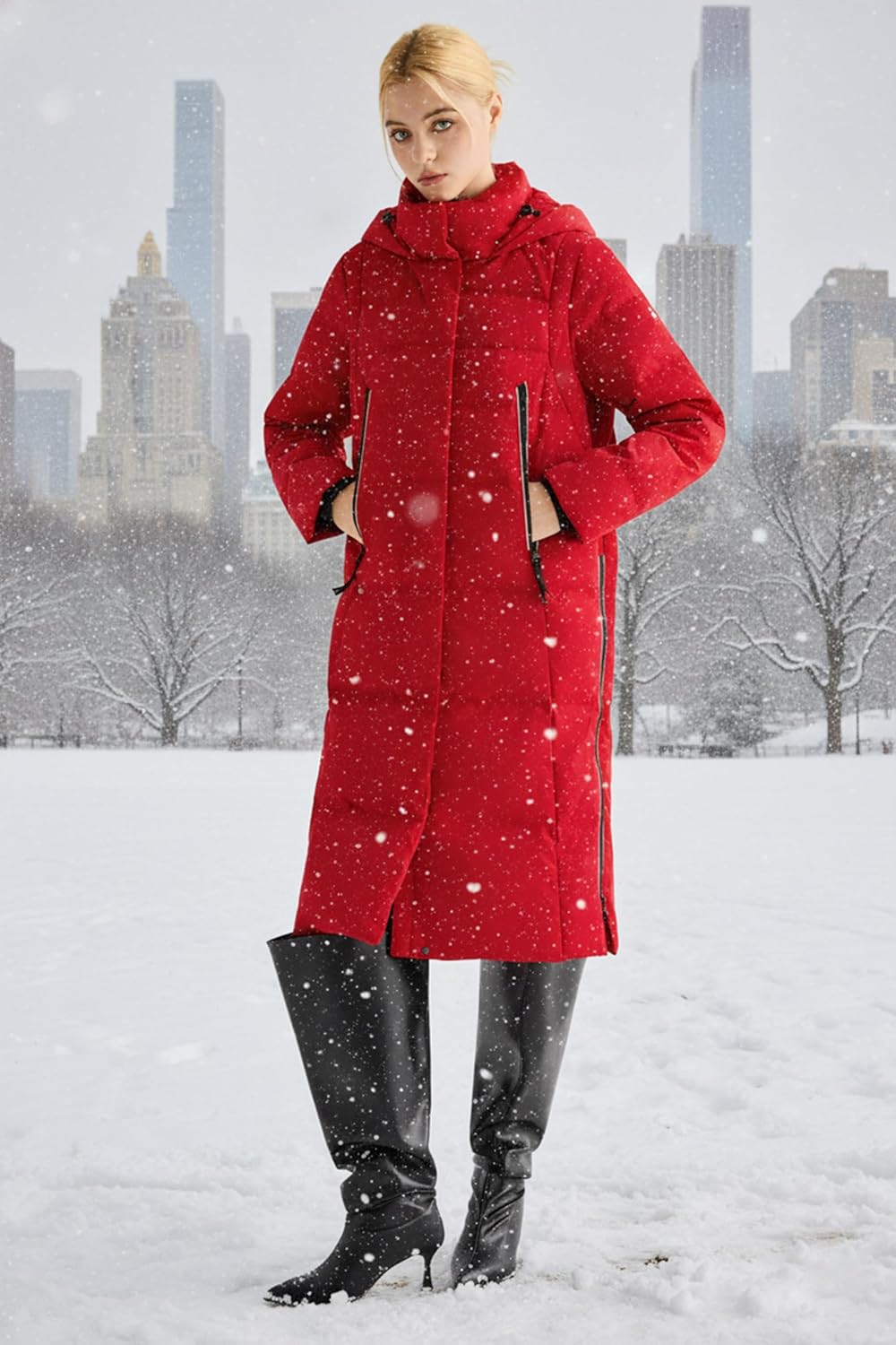 Orolay Damen Verdickte Daunenjacke Langer Wintermantel Mit Kapuze Pufferjacke Rot XL, Rot XL