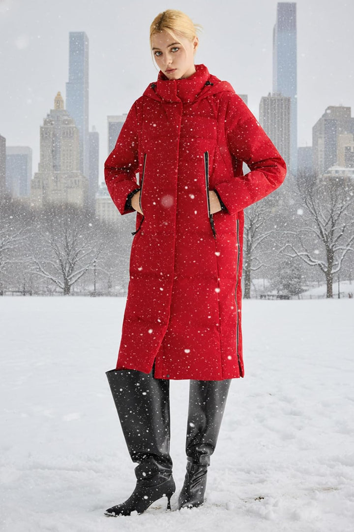 Orolay Damen Verdickte Daunenjacke Langer Wintermantel Mit Kapuze Pufferjacke Rot XL, Rot XL