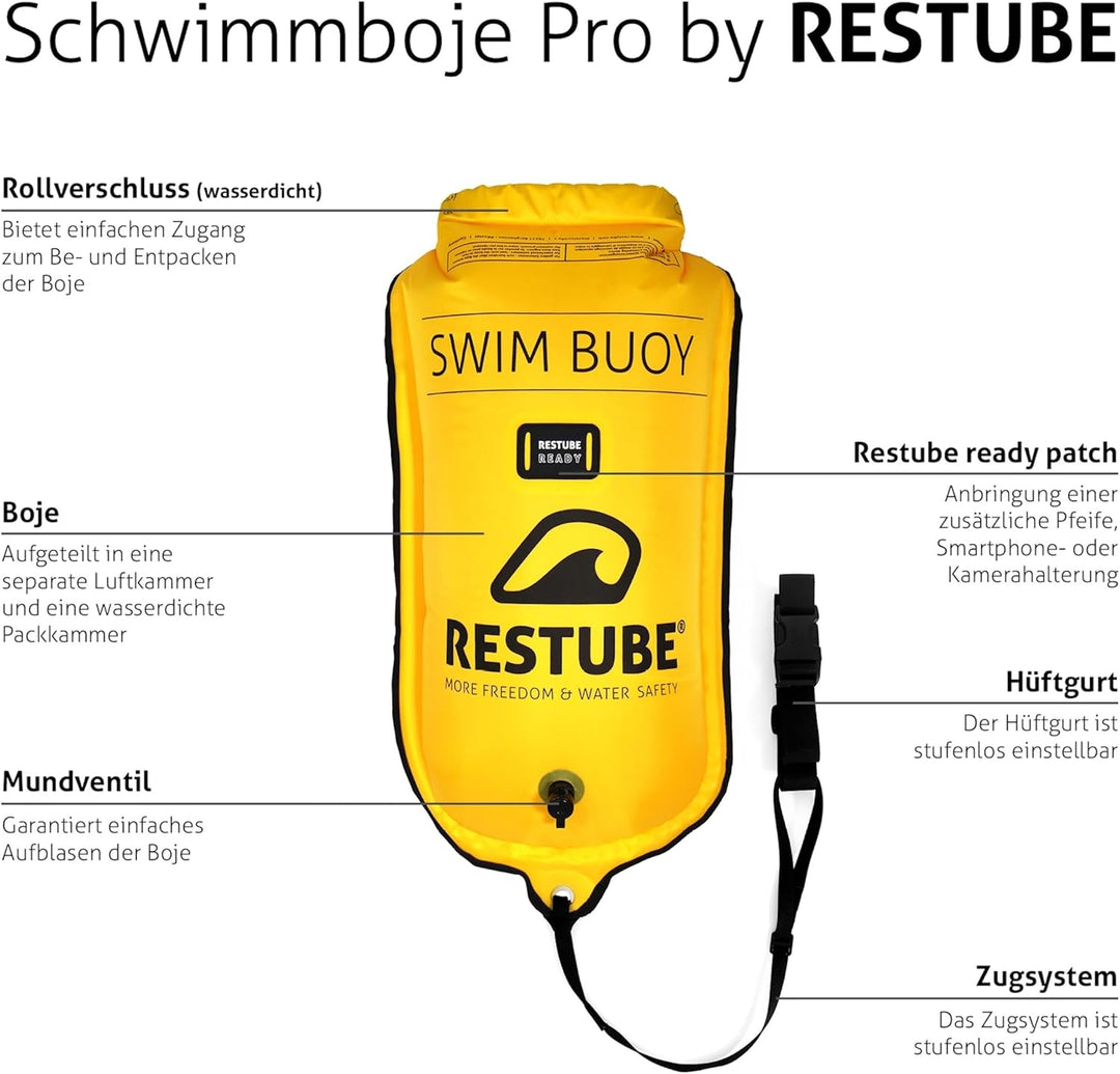 Restube Schwimmboje - Aufblasbare Schwimmhilfe für Schwimmen, Schnorcheln, Triathlon, SUP, Freiwasse