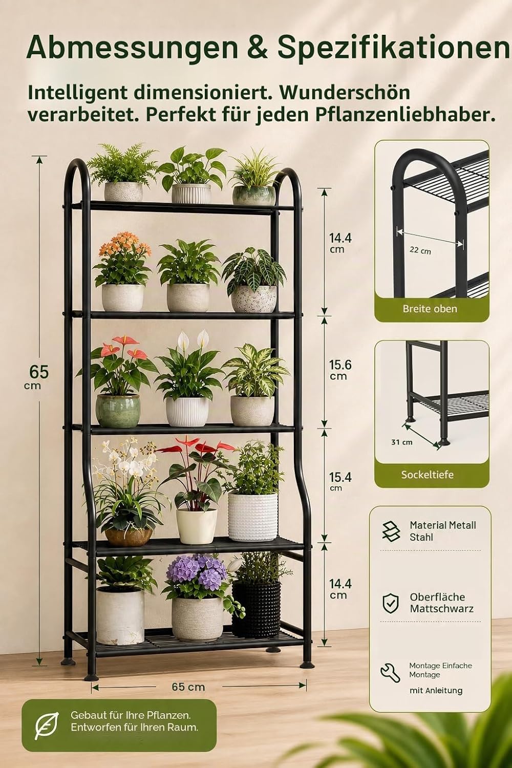 5-stöckiger Pflanzenständer aus Metall für drinnen und draussen, wasserdichter Blumenständer für meh