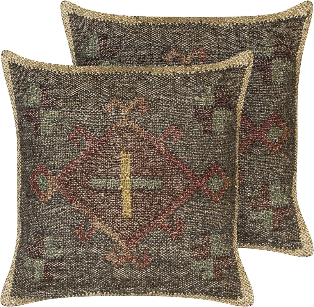 2 Kissen im Kilim-Stil orientalisches Ethnomuster aus Jute und Wolle 45 x 45 cm Grün, Katora