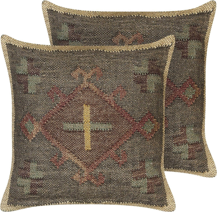 2 Kissen im Kilim-Stil orientalisches Ethnomuster aus Jute und Wolle 45 x 45 cm Grün, Katora