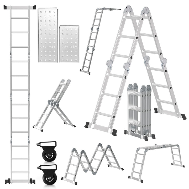 Mehrzweckleiter 4x3, 7in1 Multifunktionsleiter 366CM Alu Vielzweckleiter Klappleiter mit 2 Plattform