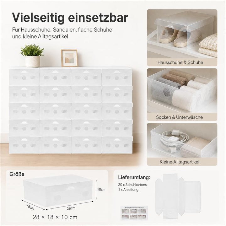 20 Stück Transparent Schuhbox Organizer Stapelbar Schuhaufbewahrung Klappbar Schuhboxen Kunststoff S