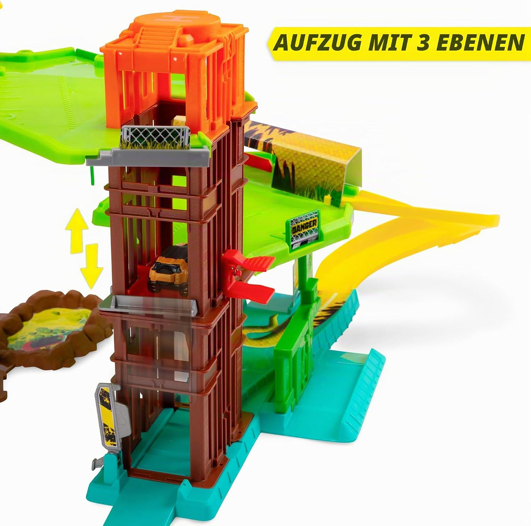 Dickie Toys - Auto-Rennbahn Jungle Garage (50x55x32 cm) inkl. Spielzeugauto aus Metall - Parkhaus au