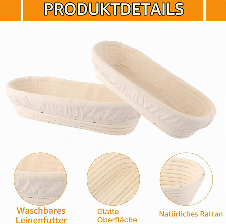 2 Stück Gärkorb Oval 35 cm, Gärkörbchen für Brot, Gärkorb Rattan Oval mit Kunststoffspachtel und Sil