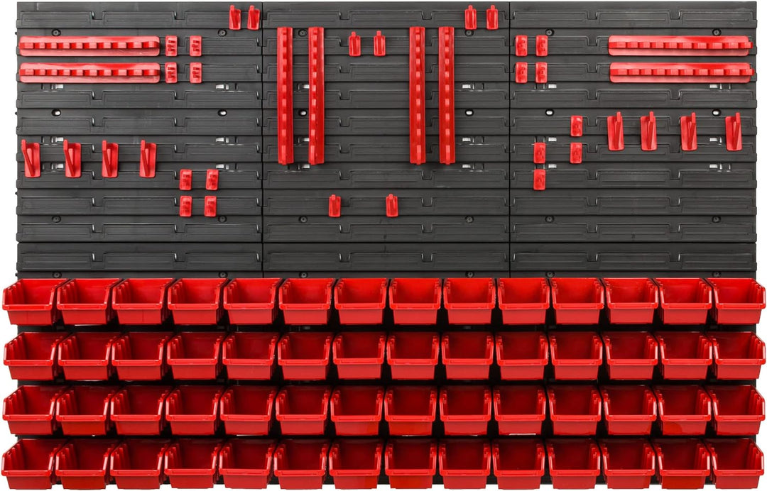 Lagersystem Werkstattregal | 117 x 78 cm | 56 stck. Box | Wandregal mit Werkzeughalterungen und Stap