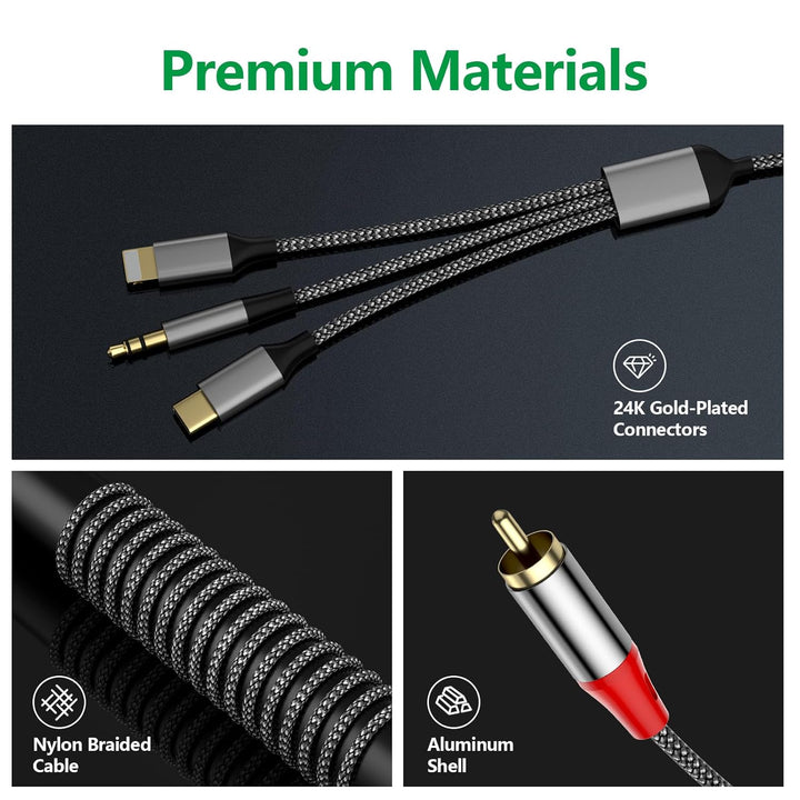 3-in-1 RCA-Audiokabel, verwendet für Lig-htn-ing zu RCA-Kabeladapter, USB C zu 2 R-CA-Kabel, 3.5mm A