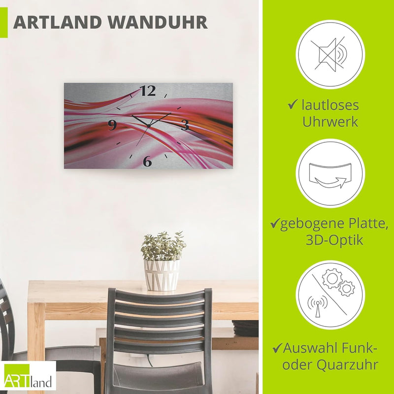 ARTLAND Wanduhr ohne Tickgeräusche Alu Funkuhr 50x25 cm Eckig Lautlos 3D Design Welle Abstrakt Moder