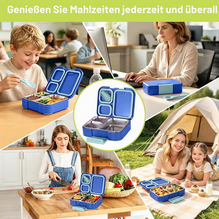 Brotdose mit 3 Fächern, 1100ml Edelstahl-Lunchbox für Kinder und Erwachsene Auslaufsicherer Lebensmi