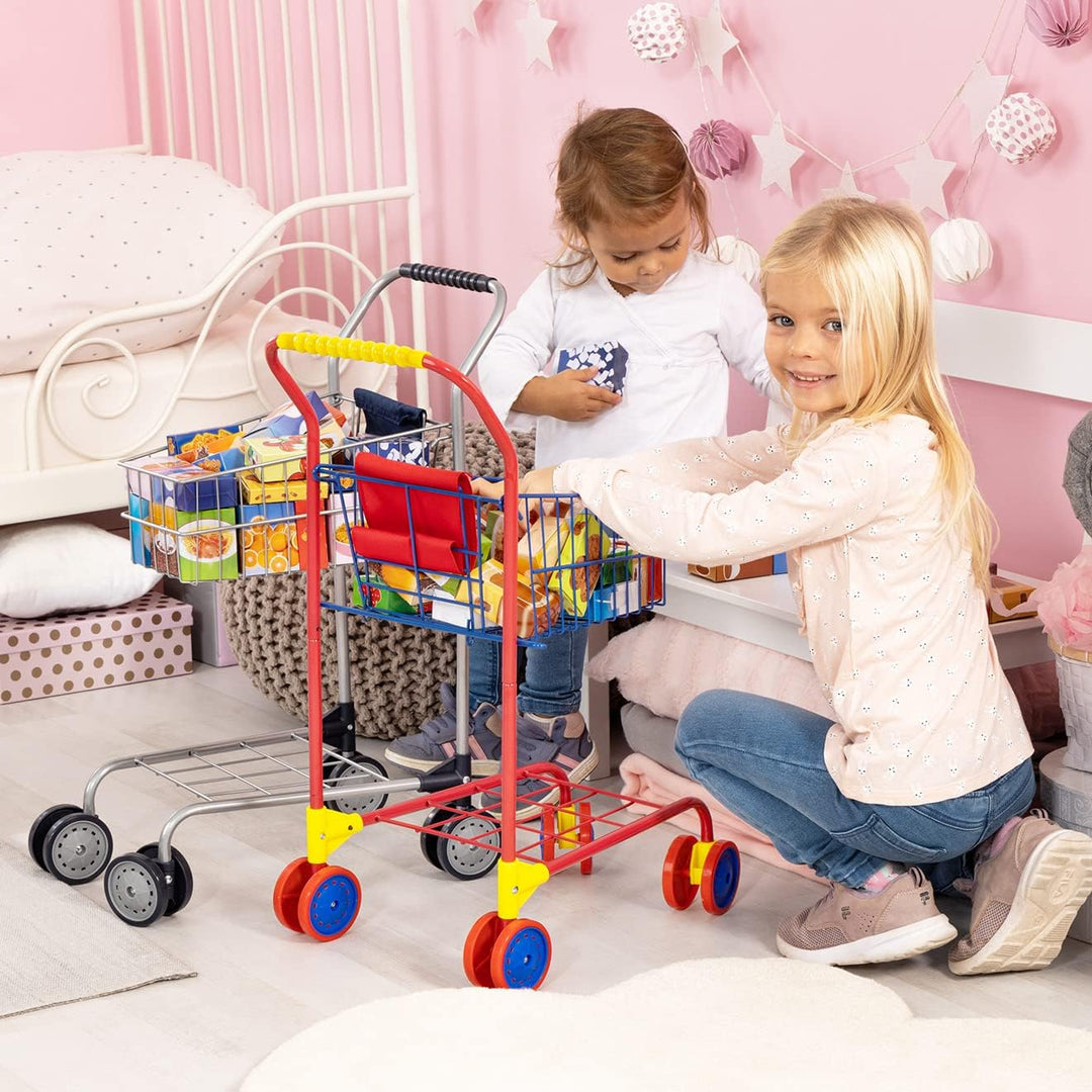 Bayer Design 75002AA Spielzeug Einkaufswagen, integriertem Puppensitz, Kaufladenzubehör, bunt/Inhalt