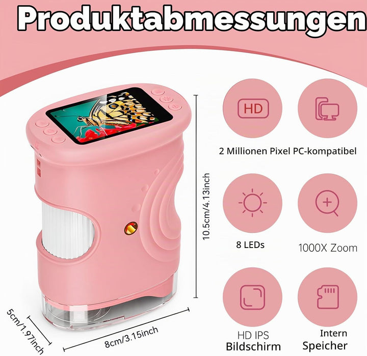Mikroskop für Kinder, 1000x Digital Mikroskop, Taschenmikroskop Experimente für Kinder ab 6, Kinderm