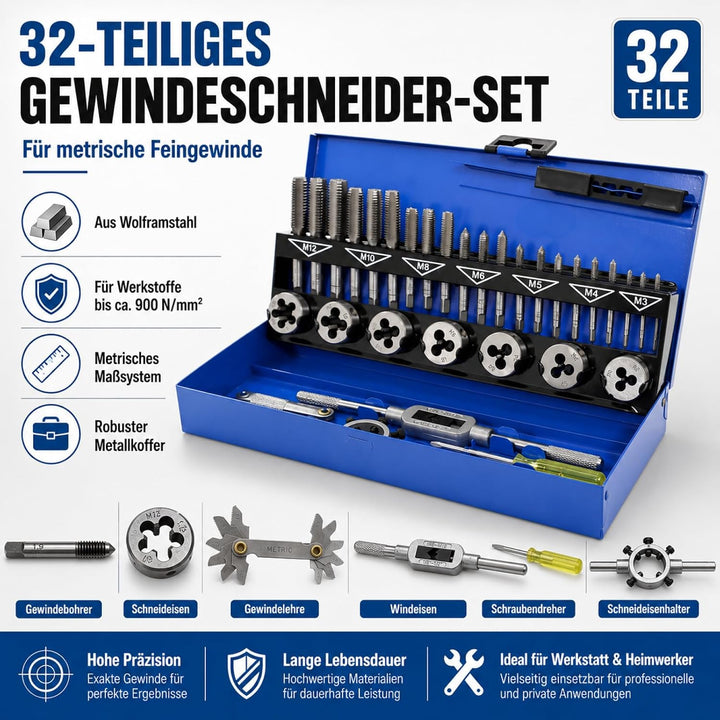 BITUXX® 32tlg Gewindeschneid Set Satz M3-M12 Gewindeschneider Gewindebohrer Set Schneideisen M3 M4 M