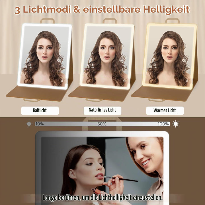 WEILY Schminkspiegel mit Beleuchtung, Tragbarer Grosser Faltbarer Spiegel, Tischspiegel mit 3 Farbli