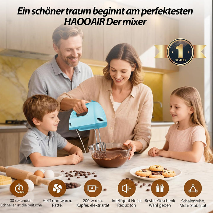 Handmixer, 7-stufig einstellbarer Küchenmixer, 304 Edelstahl-Zubehörteile (2X Knethaken, 2X Rührstäb