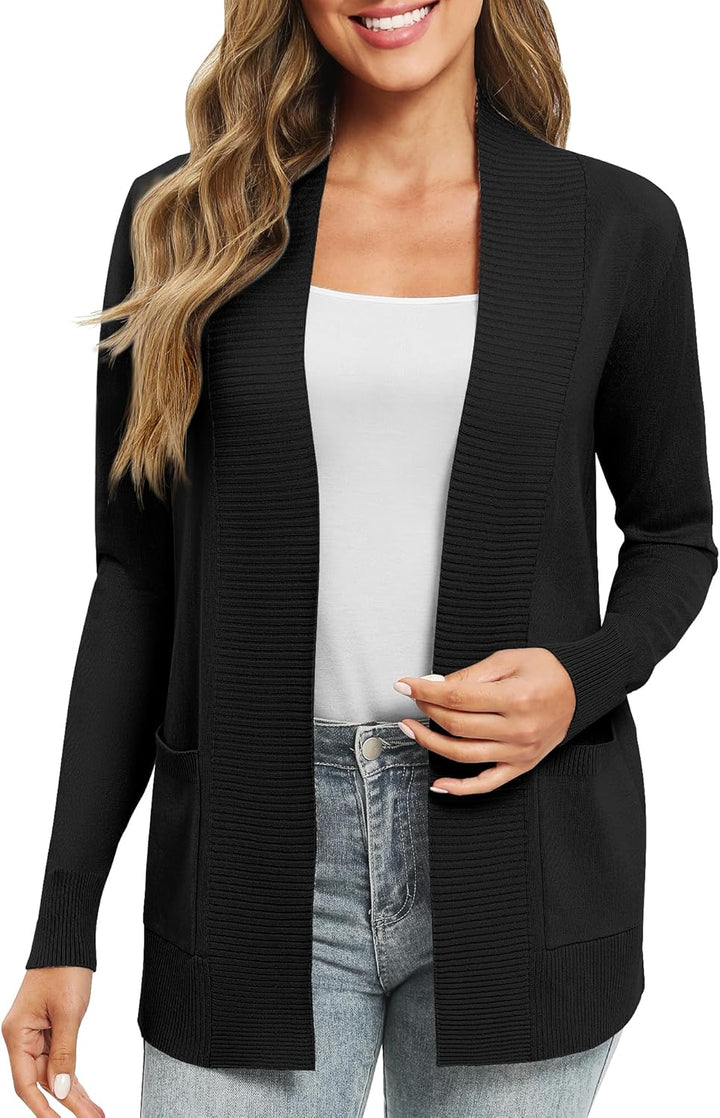 EXCHIC Leicht Damen Lange Ärmel V-Ausschnitt Lange Gestrickt Cardigan Gemütlich Offene Front Strickj