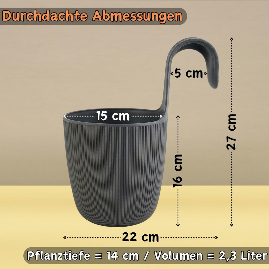 ENGELLAND 6 x Blumentopf zum Hängen, integriertes Drainagesystem, Farbe: Anthrazit, Ø 15 cm, Pflanzt