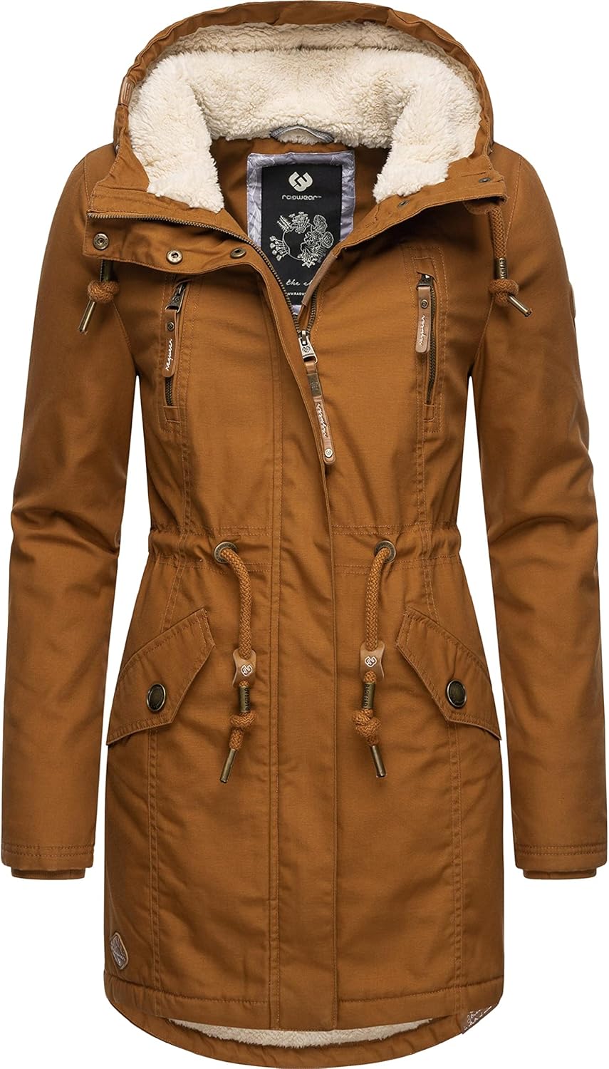 Ragwear Damen Mantel Lange warme Winterjacke mit Teddyfell-Kapuze Elsie Intl XS-5XL 3XL Cinnamon22,