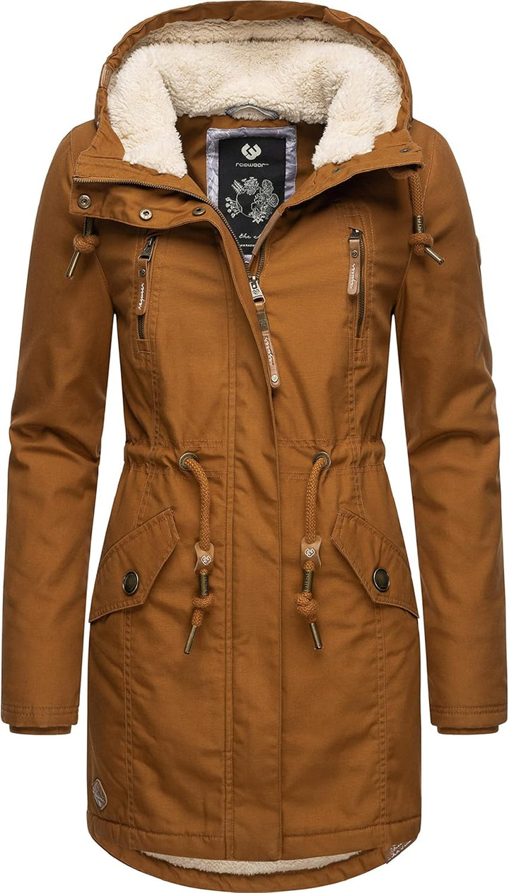 Ragwear Damen Mantel Lange warme Winterjacke mit Teddyfell-Kapuze Elsie Intl XS-5XL 3XL Cinnamon22,