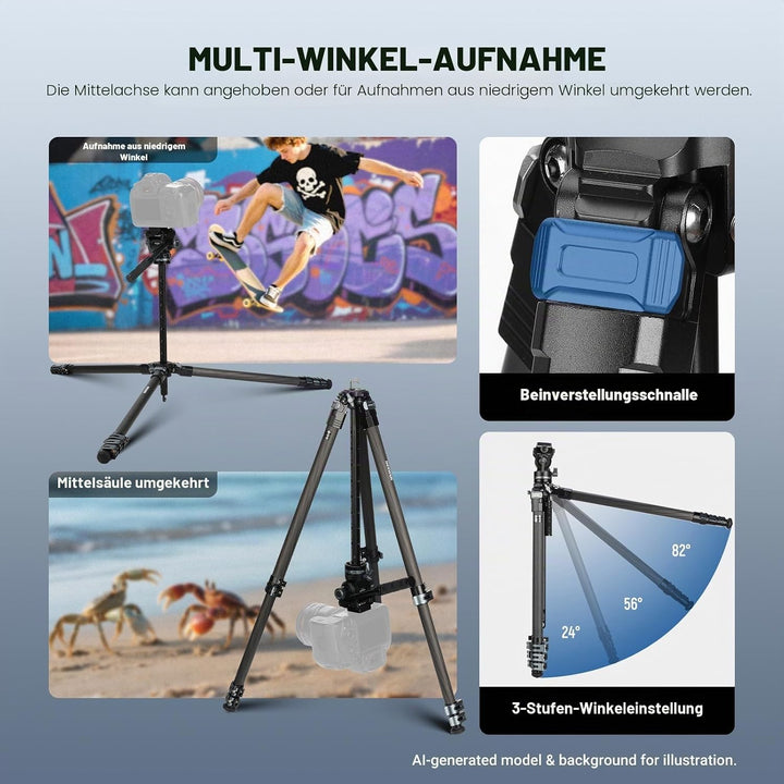 NEEWER 60,4" Reisestativ aus Carbonfaser mit abnehmbarem gedämpftem Fluidkopf, leichtes Video Kamera