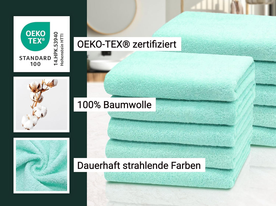 ZOLLNER 10er Set Handtücher, kleine Duschtücher, 50x100 cm, Baumwolle, Mint 10x Handtücher Grün, 10x