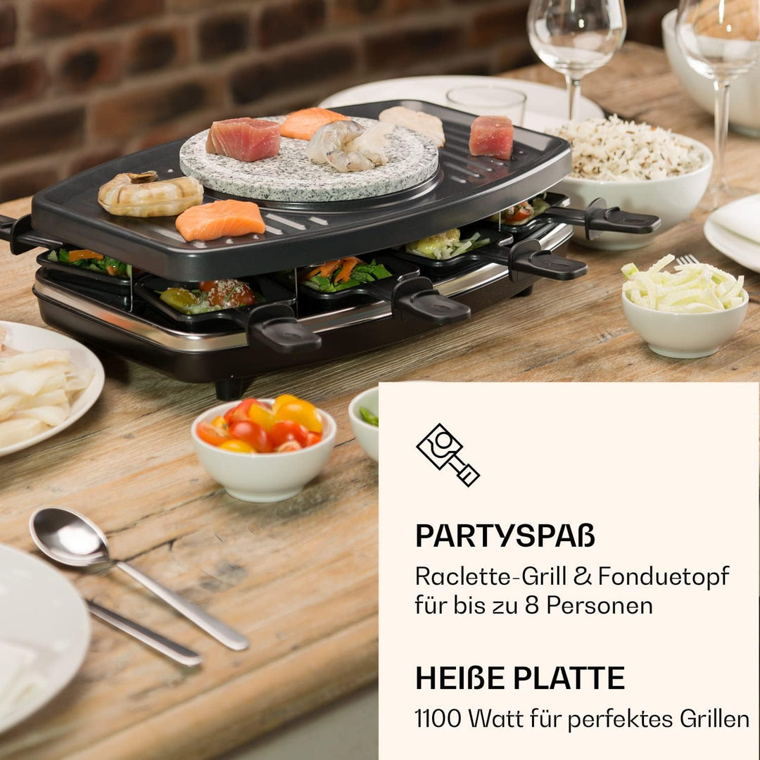 Klarstein Entrecote Raclette - Fondue, Tischgrill, Partygrill, 1100 Watt, 8 Pfännchen, Antihaftbesch