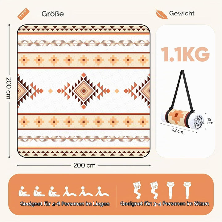 Sekey Boho Picknickdecke Wasserdicht 200x200 cm, Stranddecke Sandfrei | Gepolstert, Dreischichtige S