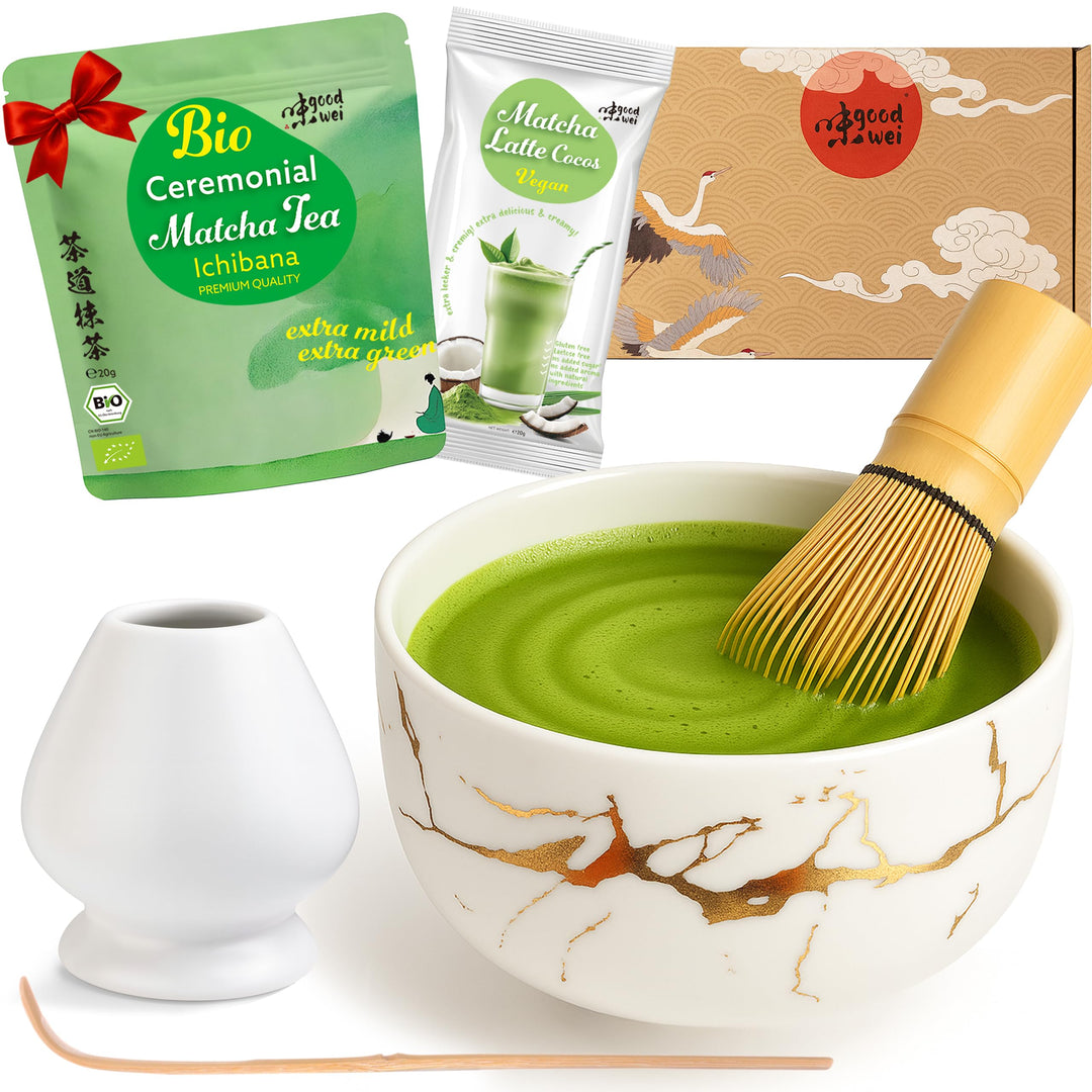 Goodwei BIO Matcha aus Japan im Matcha-Set komplett mit moderner Matcha Schale in edlem Marmor-Desig
