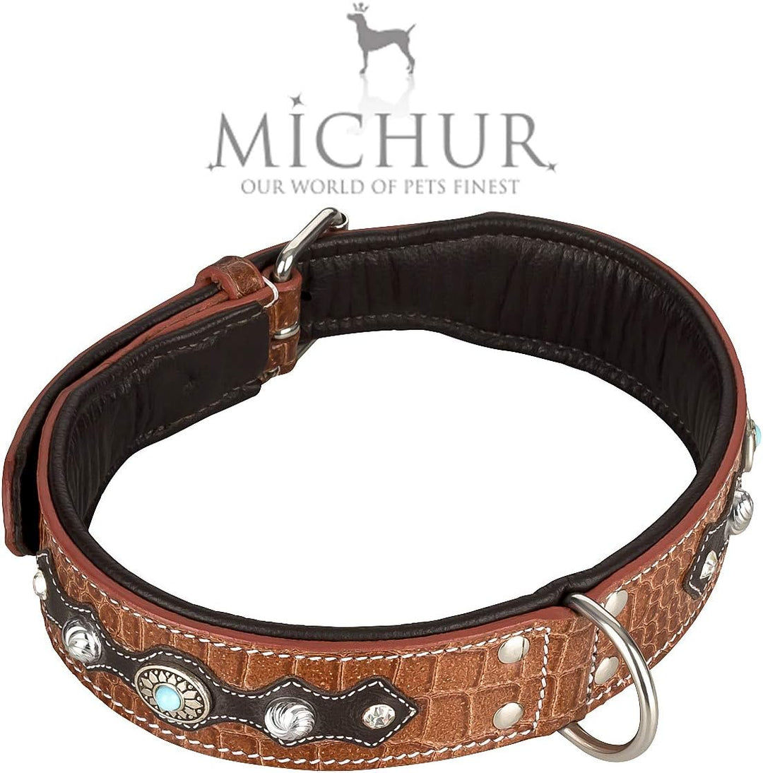 MICHUR Lakota Hundehalsband Leder, Lederhalsband Hund, Halsband, BRAUN, Leder, Blaue Steine MIT RUND
