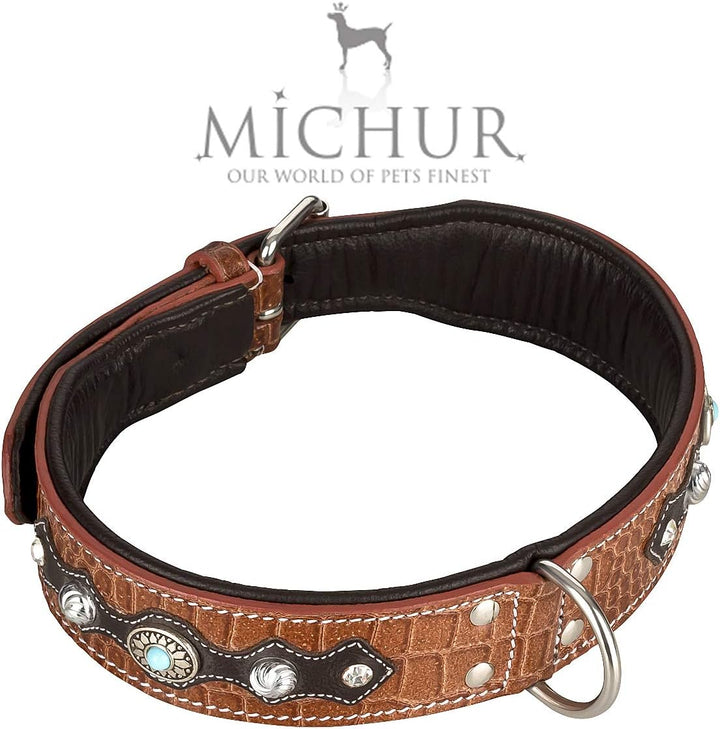 MICHUR Lakota Hundehalsband Leder, Lederhalsband Hund, Halsband, BRAUN, Leder, Blaue Steine MIT RUND