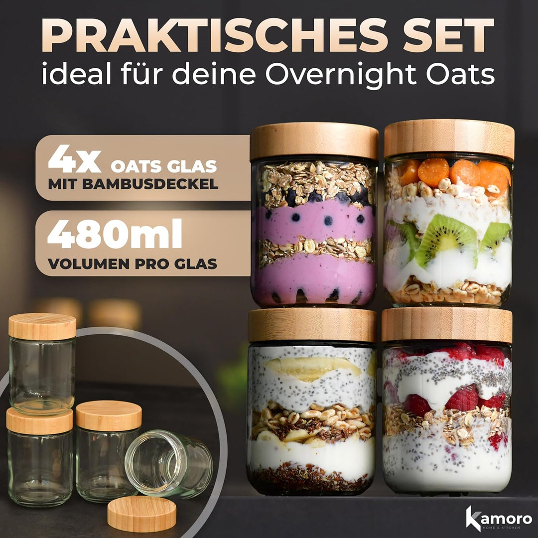 Overnight Oats Gläser 4er Set – Luftdichte Vorratsgläser mit Bambusdeckel 480 ml – Ideal für Overnig