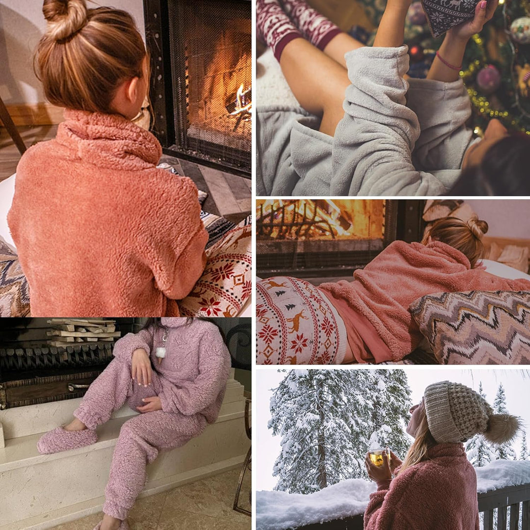 RITOSTA Schlafanzug Damen Winter Thermo Pyjama Lang Fleece Hausanzug Kuschelig Warm Pyjama Set Flaus