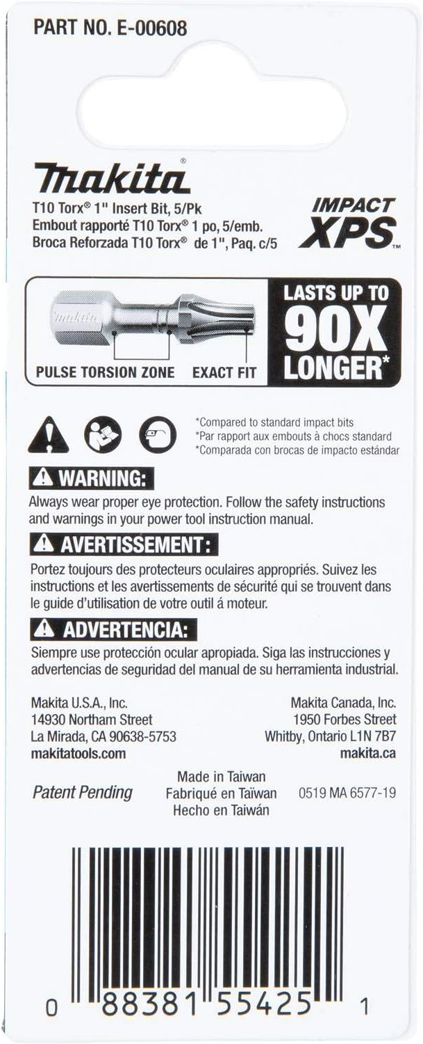 Makita E-00608 Impact XPS T10 Torx 1" Insert Bit, 5/pk 5/pk T10, 5/pk T10