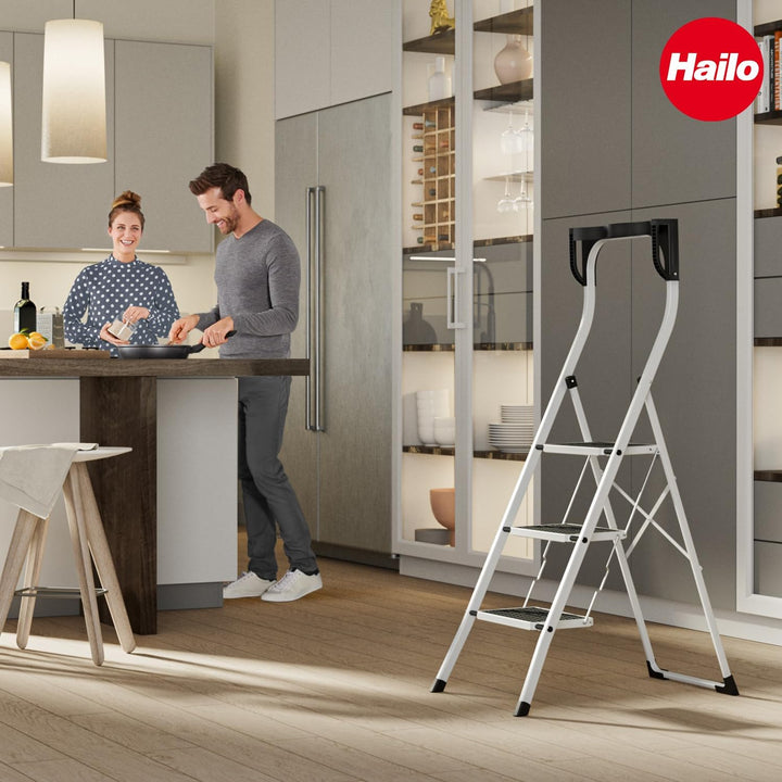 Hailo K75 ComfortLine Klapptritt - 3-stufige Trittleiter aus Stahl mit Sicherheitsbügel und Ablagesc