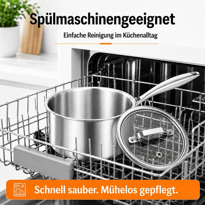 DELARLO Stielkasserolle 14 cm, 1 L Kochtopf mit Glasdeckel | Durchgehend 3-lagige Konstruktion, Glei