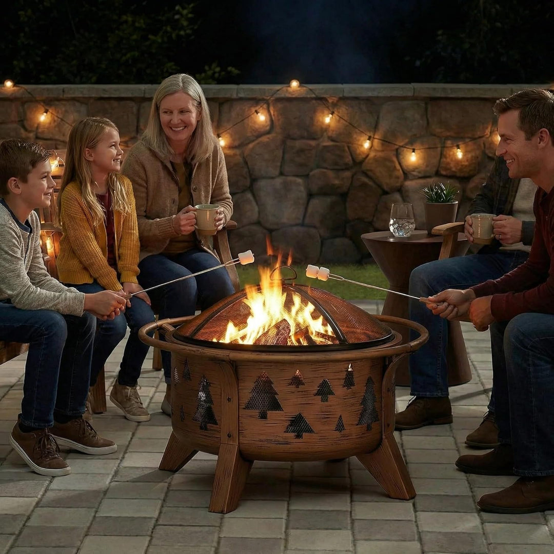 SUNJOY Feuerschalen für den Garten, Ø76 cm Runder Feuerkorb aus Stahl, Funkenschutz & Schürhaken, Ou