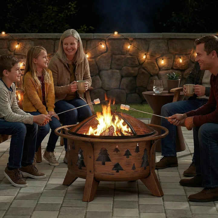 SUNJOY Feuerschalen für den Garten, Ø76 cm Runder Feuerkorb aus Stahl, Funkenschutz & Schürhaken, Ou