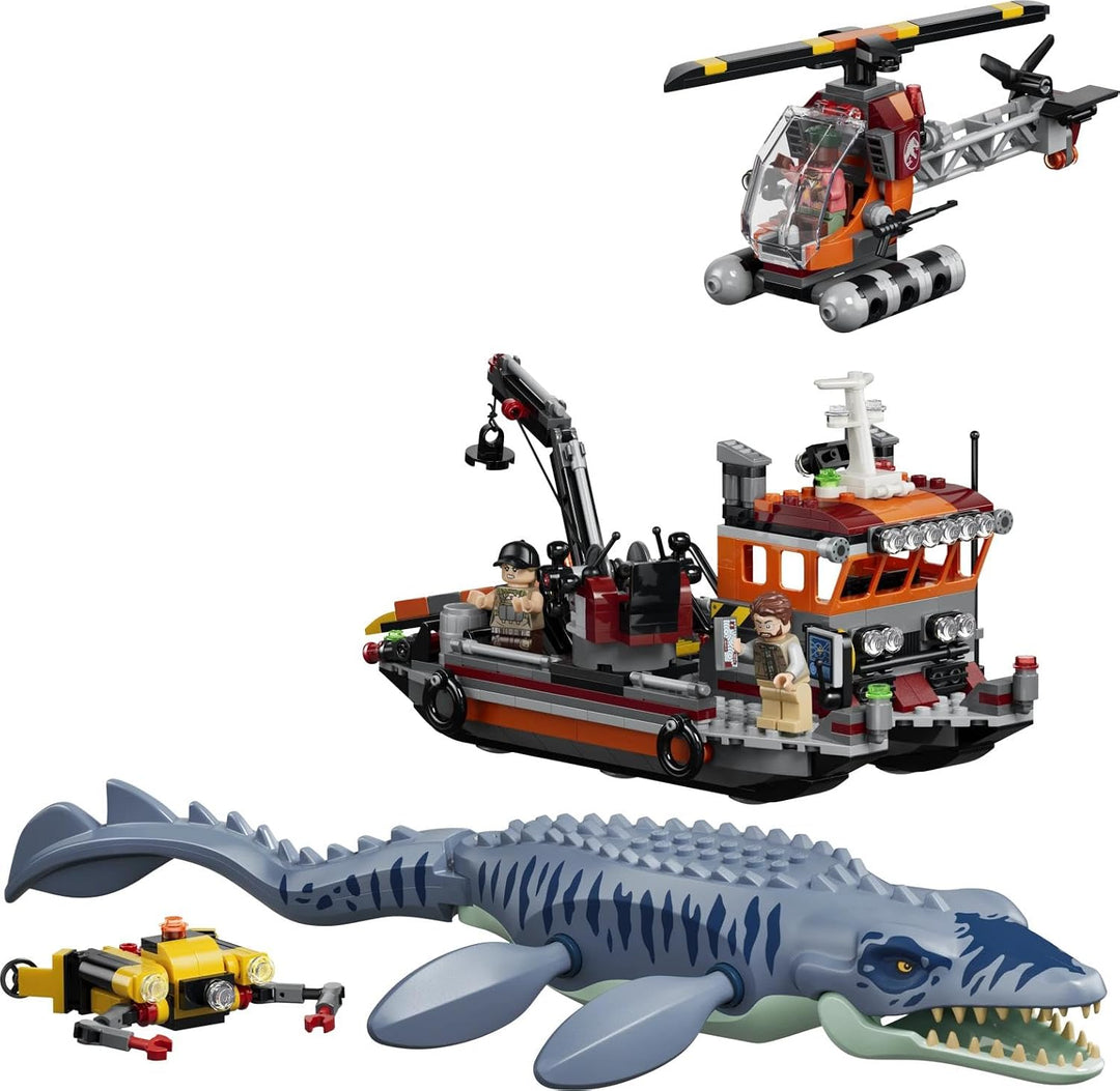 LEGO Jurassic World Mosasaurier-Angriff auf das Boot - Bauspielzeug - Spielset für Rollenspiele mit