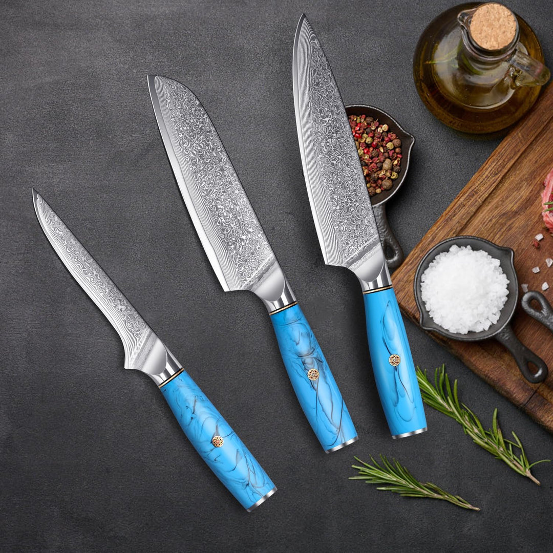 Home Safety Damast Messerset 3STK, Damast Kochmesser Set Filetiermesserset aus 67 Lagen Vg-10 Damast